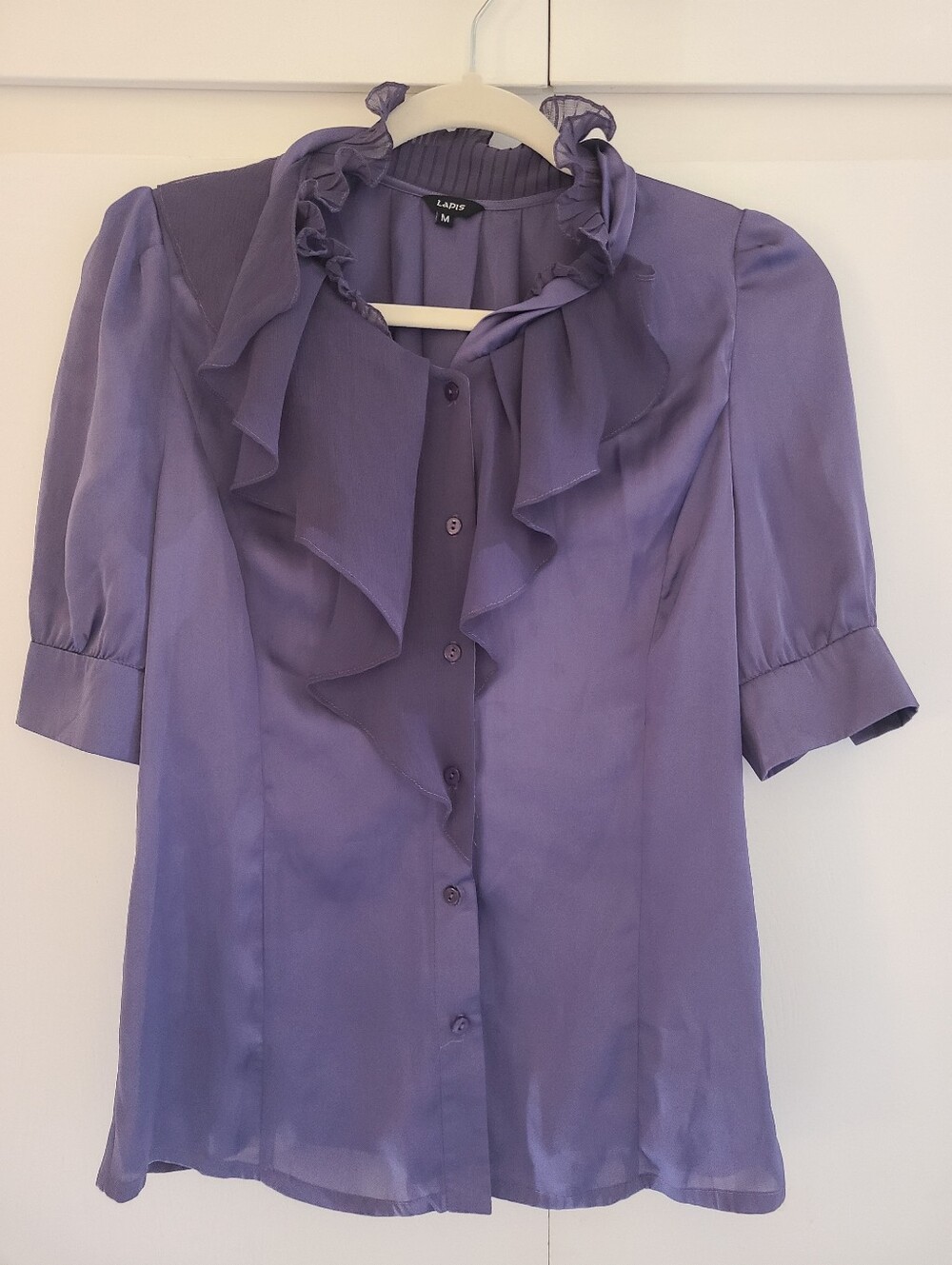 Lapis Satin Whimsigoth Dark Romantic Office Ruffle Lavender Blouse Size M